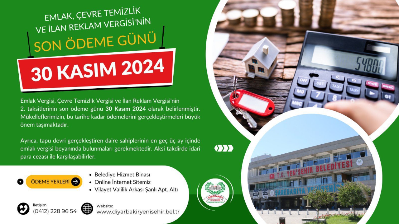 Emlak,Çevre,Temizlik ve İlan Reklam Vergisinin Son Ödeme Günü 30 Kasım 2024